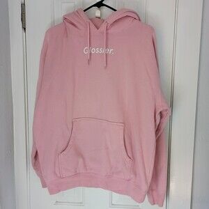 Glossier Pink Hoodie Sweatshirt Logo Spellout Kangaroo Pocket Womens Size Medium